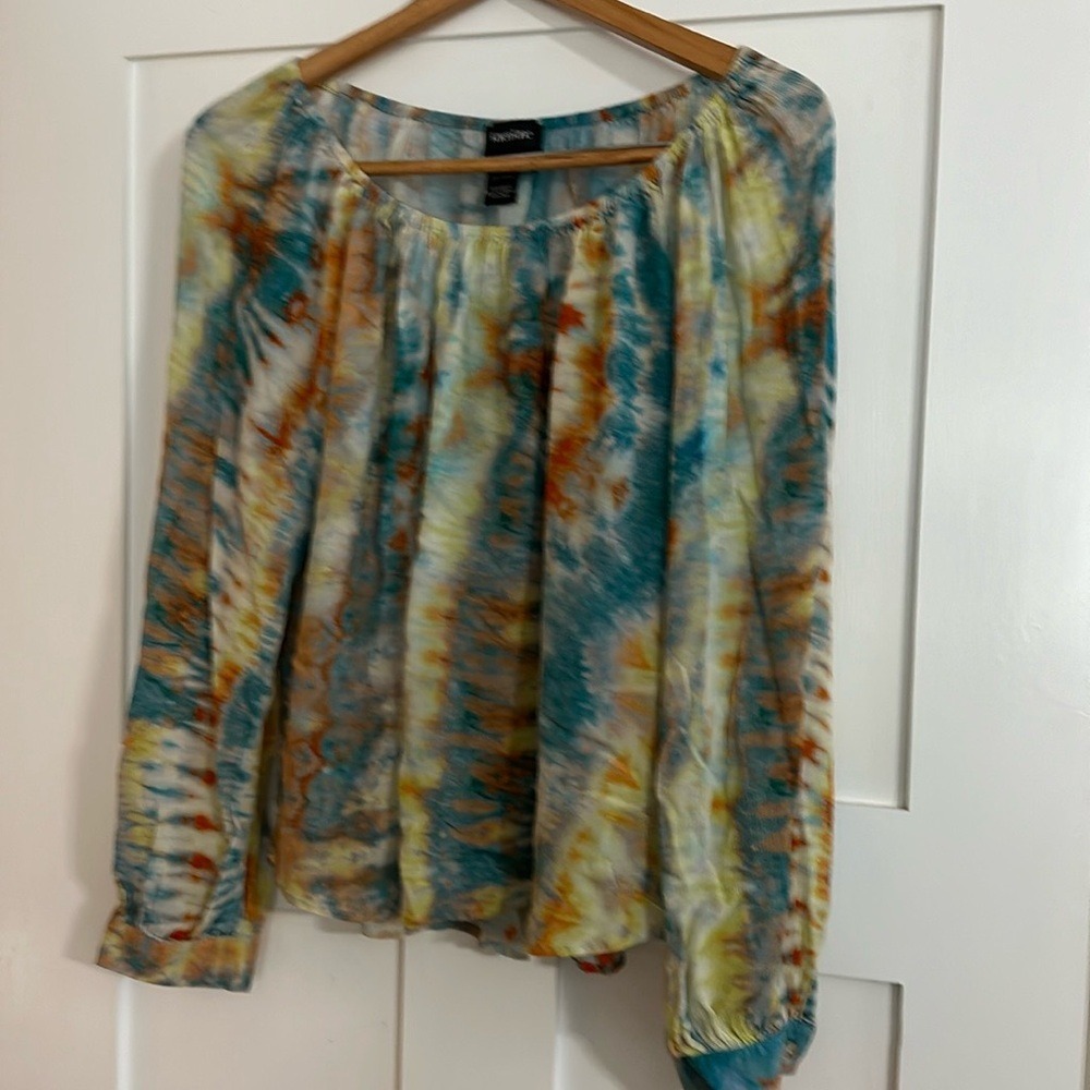 Karen Kane Tie Dye Viscose Blouse‎ XL Blue Orange Yellow Long Sleeve Top